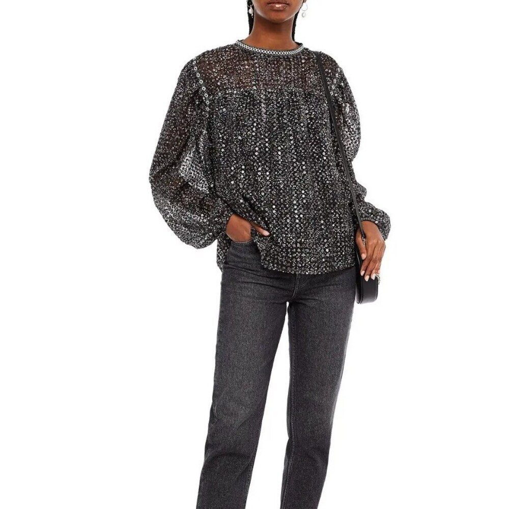 Maje Embellished Organza Blouse Gray Metallic Size 2 or US Medium Balloon Sleeve